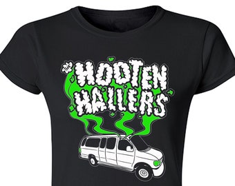 The Hooten Hallers Smokin' Van Design on Heavy 100% Cotton on Black Women's Fit T-shirt