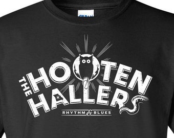 The Hooten Hallers Owl Design on Heavy 100% Cotton Unisex T-shirt Printed in White ink on Black Tee, Owl