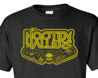The Hooten Hallers Vintage Pinball Design on Heavy 100% Cotton Unisex T-shirt Printed in Vintage Gold ink on Black Tee