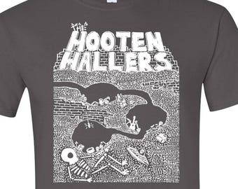 The Hooten Hallers Archaeology Design on Heavy 100% Cotton Unisex T-shirt Printed in White Ink on Charcoal Gray Tee
