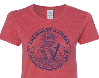 The Hooten Hallers Conspiracy on Ladies Heather Red Gildan Heavy Cotton Navy ink T-shirt Piramidi, Missouri, Big Foot, Teoria della cospirazione,