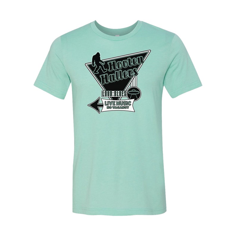 The Hooten Hallers NEW neon sign design on Bella Canvas Heather Mint Unisex Tee. image 1