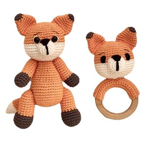 Amigurumi Crochet Animal Toy and Rattle Set Fox , Organic Baby Toys, Handmade Rattle and Toddler Toy, Newborn Baby Gift, Baby Shower