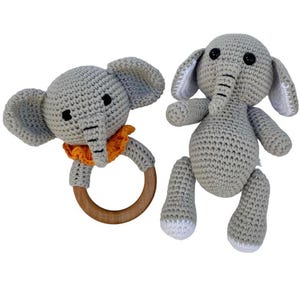Amigurumi Crochet Animal Toy and Rattle Set Elephant ,Organic Baby Toys,Handmade Rattle and Toddler Baby Toy, Newborn Baby Gift, Baby Shower