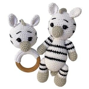 Amigurumi Crochet Animal Toy and Rattle Set Zebra , Organic Baby Toys, Handmade Rattle and Toddler Toy, Newborn Baby Gift, Baby Shower Gift