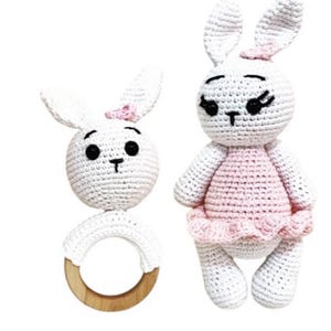 Amigurumi Crochet Animal Toy and Rattle Set Rabbit , Organic Baby Toys, Handmade Rattle and Toddler Toy, Newborn Gift Set , Baby Shower Gift