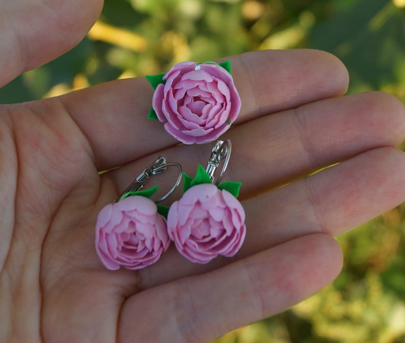 Set with peonies from polymer clay