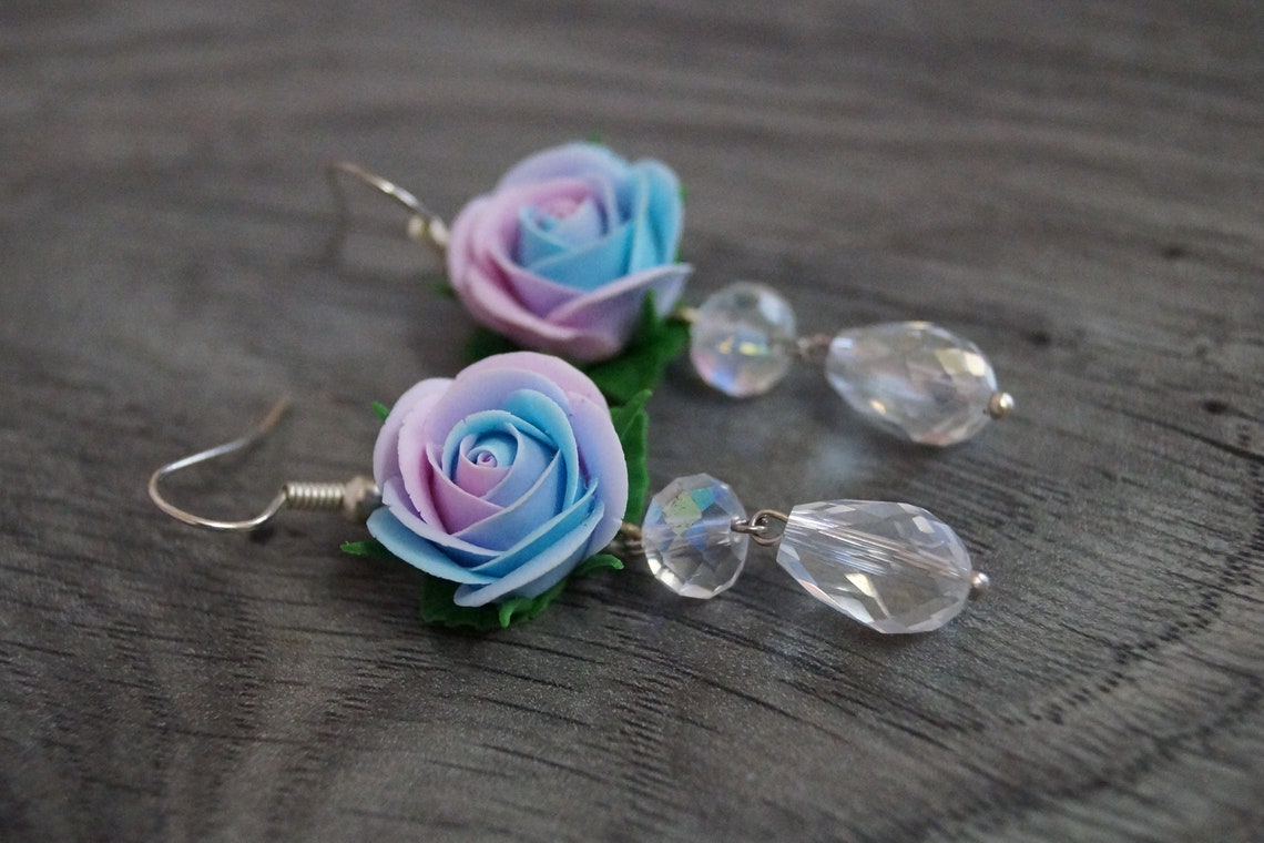 Rose dangle earrings flower jewelry polymer clay earrings Etsy