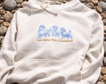Life’s better with a dachshund Embroidered Dachshund Hoodie: Custom Dog Lover Gift with Pet's Name - Unisex Cotton-Poly Blend