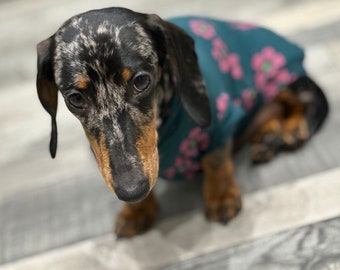 Dachshund Cooling Top: Pink Flowers on Emerald Green Viscose