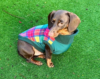 Tartan Dachshund Fleece Jumper: Waterproof Softshell Tummy, Cornish K9
