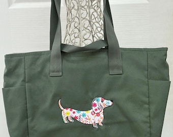 Embroidered Dachshund Tote Bag: Recycled Polyester Travel Bag