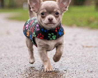 Könnte beinhalten: Ein kleiner hellbrauner Chihuahua mit großen, aufrechten Ohren trägt eine schwarze Fleeceweste mit einem bunten Muster aus roten, orangen, gelben, grünen und blauen Pfotenabdrücken. Der Hund ist in Bewegung und läuft mit einer erhobenen Vorderpfote.
