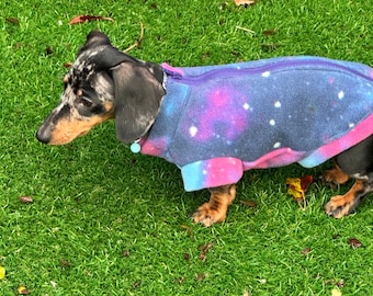 Dachshund Fleece Dog Jumper: Water Resistant Galaxy Print