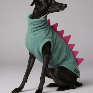 May include: A black dog wearing a sage green fleece sweater with a high neck and a row of bright pink triangular spikes running down the back. The garment features a small rectangular label near the hem and covers the torso and neck area.