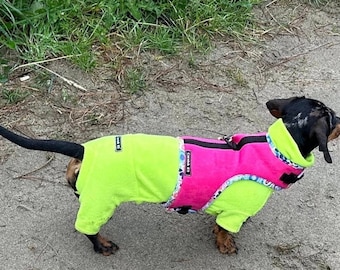Hi-Vis Dachshund Fleece Onesie: Water & Mud Repellent Dog Jumpsuit
