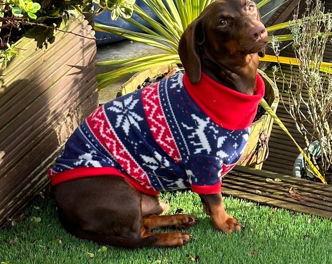 Featured listing image: Dachshund Christmas Fleece coat ,dog jumper ,breathable dog jumper  , pet accessories, dog jacket,washable dog jumper