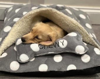 Polka Dot Fleece Dog Bed Cave: Dachshund Snuggle Sack, Personalized Bone