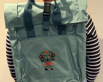 Embroidered Dachshund Roll Top Rucksack: Recycled Polyester Dog Backpack