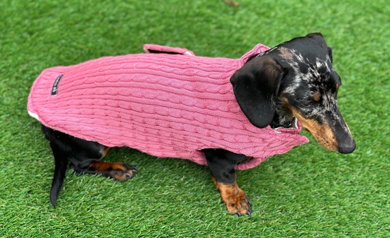 ケーブルニットのダックスフンドコート：フリース裏地付き犬用 