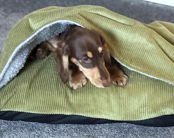 Corduroy Dachshund Bed Cave: Sherpa Fleece Snuggle Sack, Personalized Dog Sleeping Bag