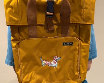 Embroidered Dachshund Roll Top Backpack: Recycled Polyester Rucksack