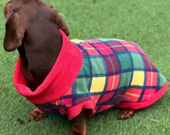 Plaid Fleece Dachshund Jumper: Water & Mud Repellent Dog Coat