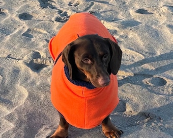 Dachshund Fleece Dog Drying Coat: Absorbent Terry Lined, Washable Jumper