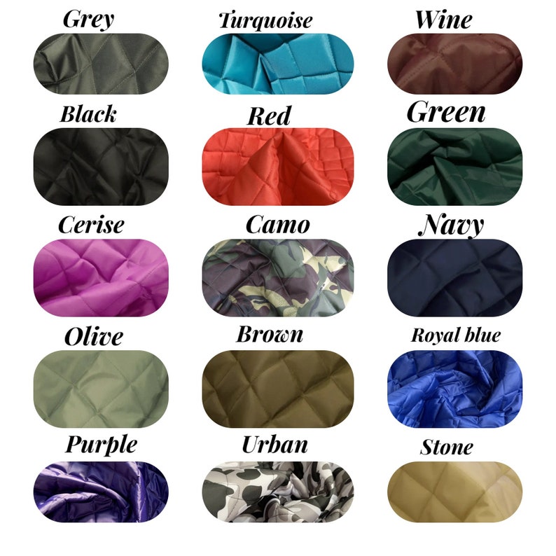 May include: A collection of 15 fabric swatches in various colors and patterns, including grey, turquoise, wine, black, red, green, cerise, camo, navy, olive, brown, royal blue, purple, urban, and stone.
