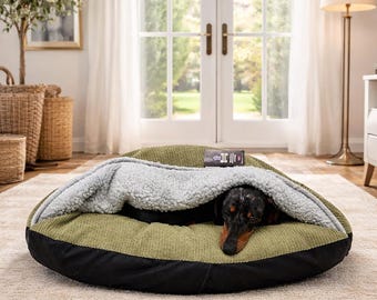 Corduroy Dachshund  Bed Cave: Sherpa Fleece Snuggle Sack, Personalised Dog Sleeping Bag