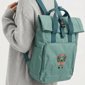 Embroidered Dachshund Roll Top Rucksack: Sustainable Dog Backpack for Hiking and Travel