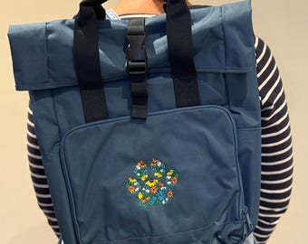 Floral Paw Print Roll Top Backpack: Recycled Polyester Dog Rucksack