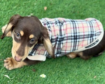 Beige Tartan Dachshund Fleece Jumper: Water & Mud Repellent