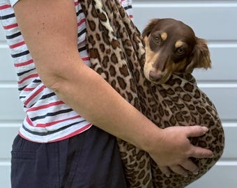 Leopard Print Dachshund Dog Sling Carrier: Polar Fleece, Swivel Hook