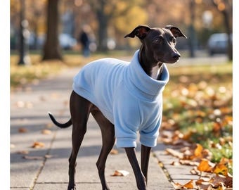 以下が含まれることがあります： 黒い毛並みの小さく細身の犬が、水色のフリースセーターを着用しています。セーターには高く折り返されたタートルネックと、前足の上部を覆う長袖が付いており、犬の引き締まった体にぴったりとフィットするデザインです。