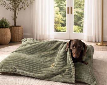 Jumbo cord dachshund snuggle bed ,foam filled Dog Bed Cave: Personalised Snuggle bed cave