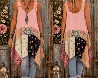 Upcycled  Patchwork Tunic Dress, Floral Lace Tank Top, Floral Kantha Patchwork, One of a Kind Make Do Clothing,Bohemian Layering Dress M/L
