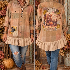 May include: A long-sleeve button-down shirt in muted plaid tones featuring a ruffled hem, two chest pockets, and a back graphic print of pumpkins and sunflowers with the text 'Tis the best season of all' surrounded by fabric patches.