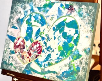 Two Hearts 11x14 inch jelly printed torn watercolor collage on canvas