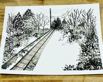 Train tracks, winter, snow  - 9.5 x 12 inch original watercolor