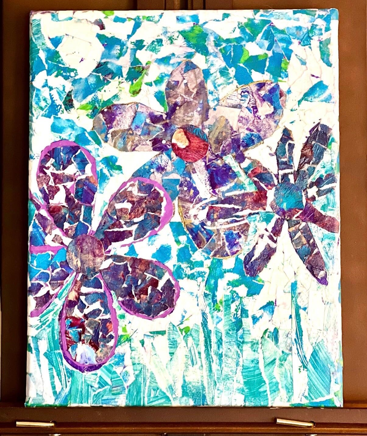Flowers 11x14 inch mixed media collage torn jelly printed watercolor paper on camvas