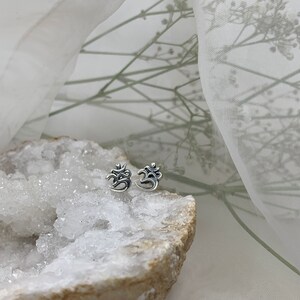 May include: A pair of silver Om symbol earrings on a white crystal rock. The earrings are small and delicate, and the Om symbol is clearly visible.