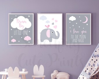 Baby Elephant Nursery Wall Art, Elephant wall art nursery, baby girl nursery art, print, baby prints, 3 print wall art, nursery decor girl