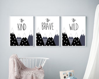 Black and White Wall Art - Kids Room Wall Art - Be Brave Be Kind - Kids Mountain Wall Art - Black and White Wall Prints - Baby Room Decor