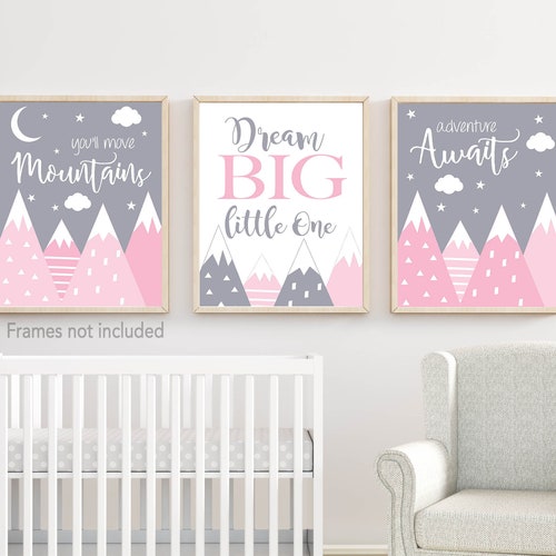 Mountain Nursery Wall Art Pink Gray Nursery Decor Girl Etsy