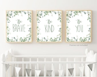 Art mural de pépinière, décor de pépinière de garçon, art de mur de pépinière, décor de pépinière de verdure, impressions de chambre de bébé, être courageux, être gentil, douche de bébé