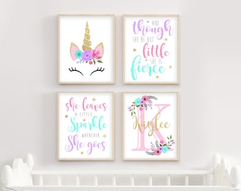 Unicorn Nursery Decor, Girl Bedroom Wall Art, Set of 4 Prints, Nursery Wall Art, Baby Room Decor, Girl Nursery Wall Decor, Name Nursery Art