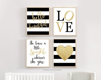 Décor de pépinière, impressions de pépinière, décor de mur de pépinière d'or, art de mur de pépinière de fille, art de mur de pépinière de noir et d'or, décor de mur de noir et d'or