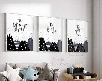 Black and White Wall Art, Kids Room Wall Art, Be Brave Be Kind, Kids Mountain Wall Art, Modern Nursery Wall Art, Baby Room Decor, Wall Decor