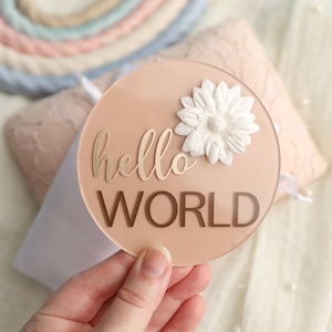 Disque d’étape acrylique, disque acrylique Hello World, carte d’étape Hello World, cadeau de bébé, idée de cadeau de nouveau-né, cadeau de baby shower, feuille d’or